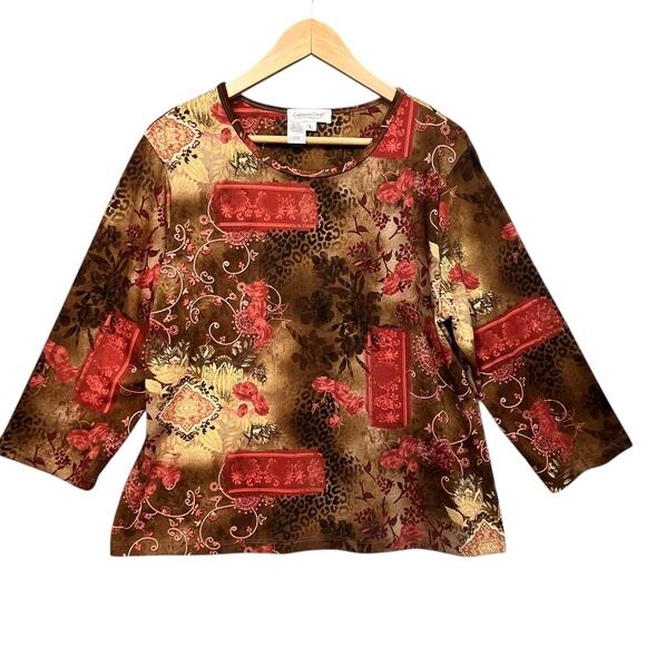 Coldwater Creek Y2K Boho Baroque‎ Floral Leopard Stretch Brown Red Print Top L - Picture 1 of 7